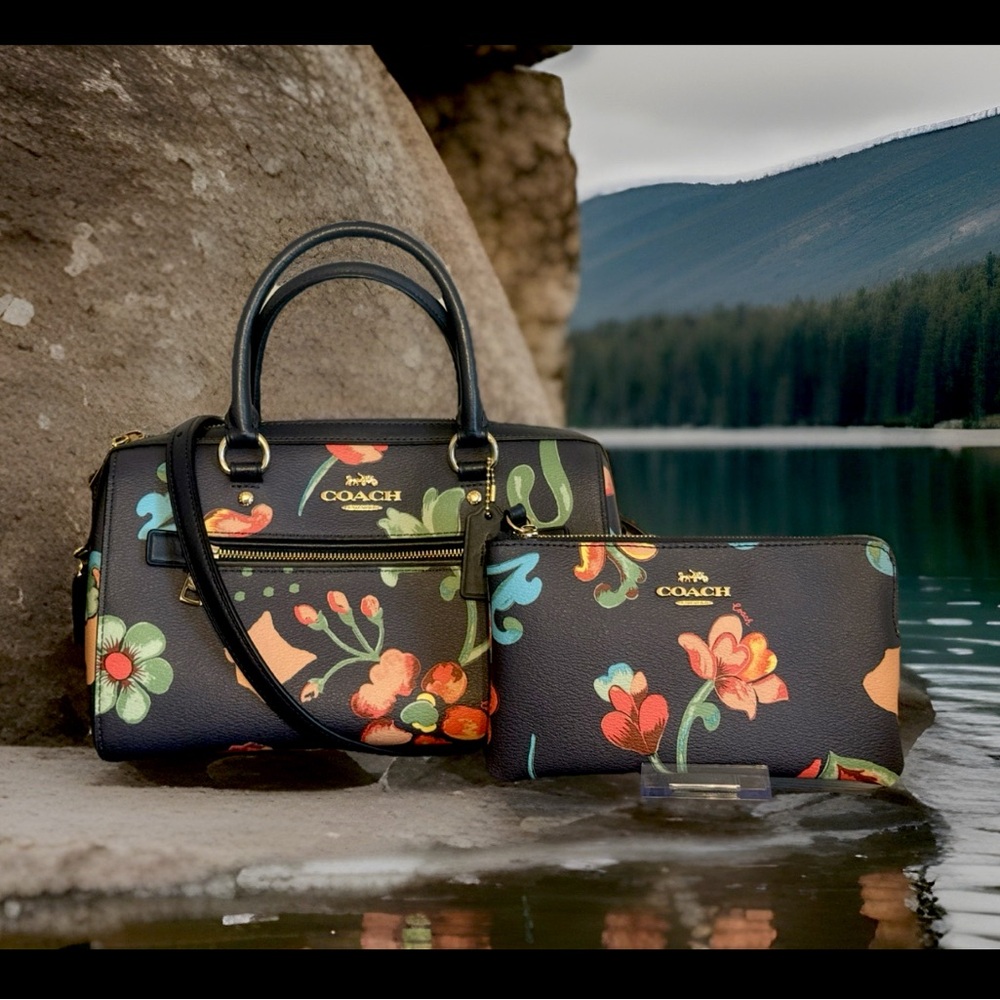 Coach Rowan Satchel Dreamy Land Floral Midnight Multi & Matching Wristlet EUC 😍